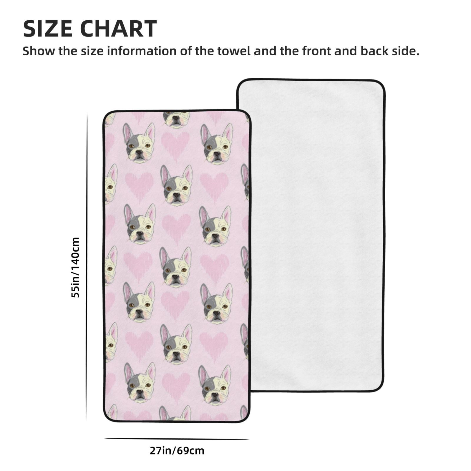 Cotton Bath Towels for Bathroom - Cute French Bulldog Face Love Microfiber Quick Dry Towels for Body Bath Sheets, Personalized Beach Towel, Soft Shower Towels for Travel Home Beach 27*55in