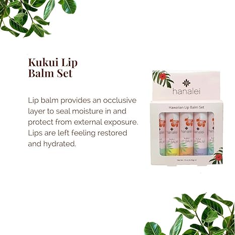 Hanalei Lip Balm and Moisturizer Set: 5 pack of Natural Hawaiian Kukui Oil and Beeswax Lip Balm to Replenish and Repair Dry, Chapped Lips - Tropical Citrus,Island Mint,Vanilla,Lili