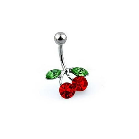 - Red Crystal Double Cherry Branch Bar Navel Belly Ring For Women 316L Stainless Steel 14 Gauge