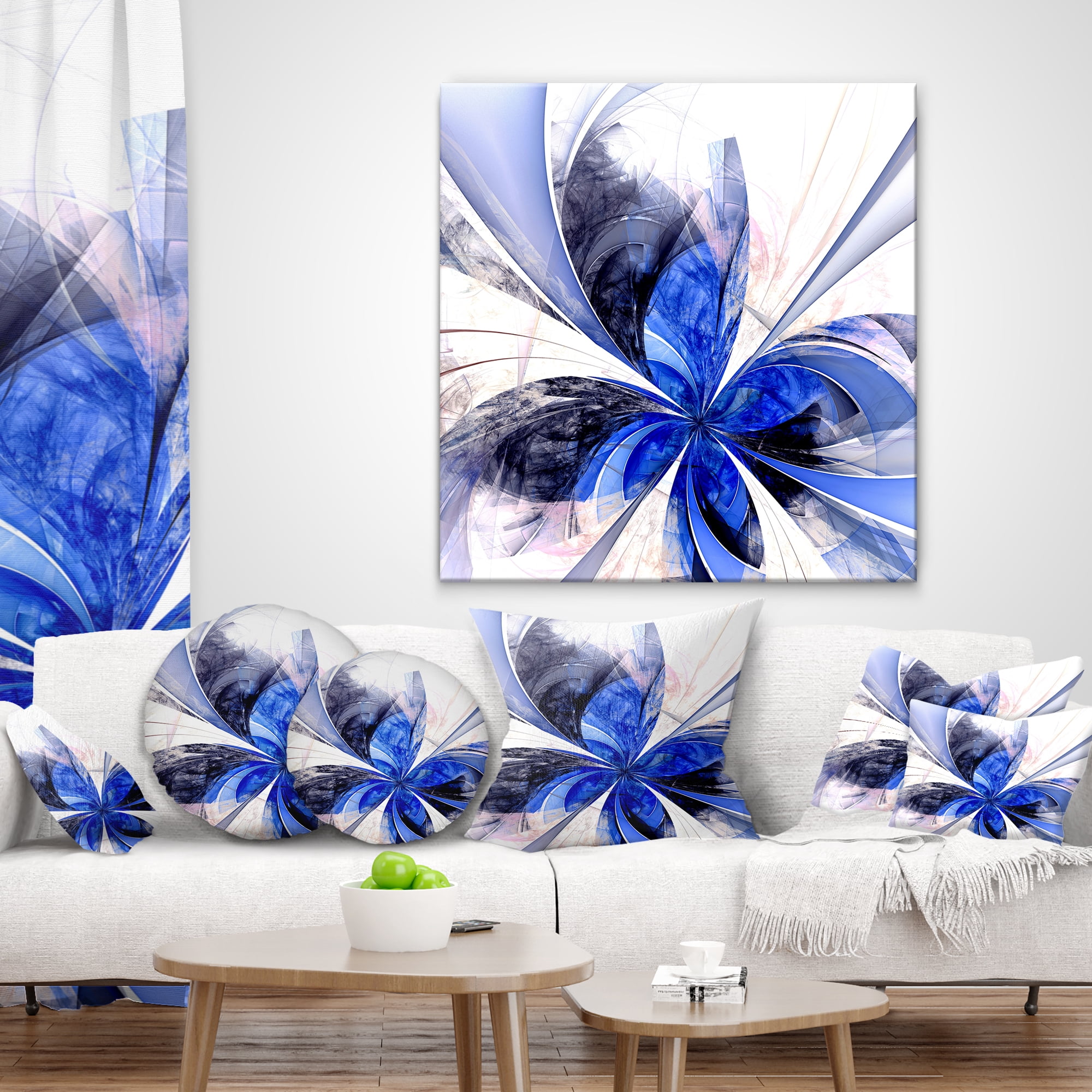 Designart Symmetrical Bright Blue Fractal Flower - Floral Throw Pillow - 12x20