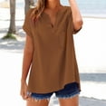 thumbnail image 3 of TKLPEHG Summer Tops for Women V-Neck Cotton Linen Shirt Loose Shirts Solid Color Going Out Tops Casual Fashion Short Sleeve T Shirts Blouses (Brown,S), 3 of 5