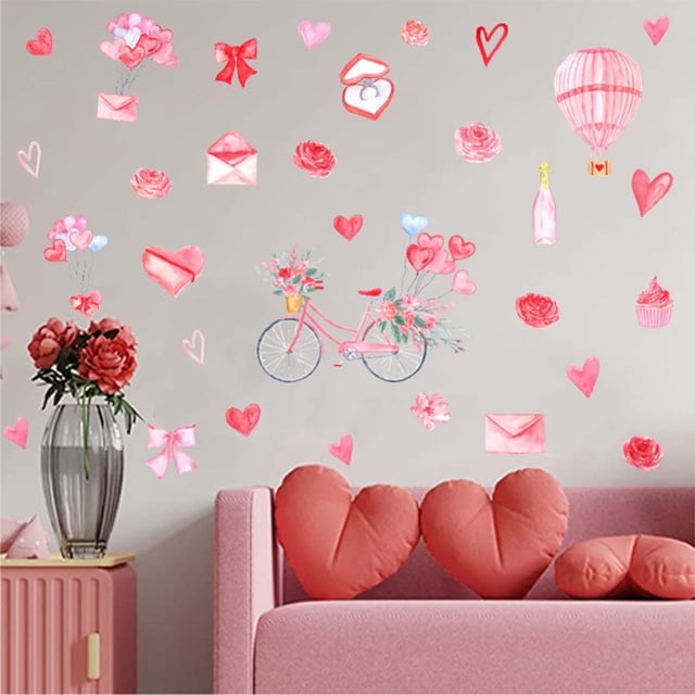 ShinYu Pegatinas de San Valentín para El Fondo de La Sala de Estar, Rosas Pintadas a Mano, Corazones, Pegatinas Decorativas de Pvc Autoadhesivas para La Pared.