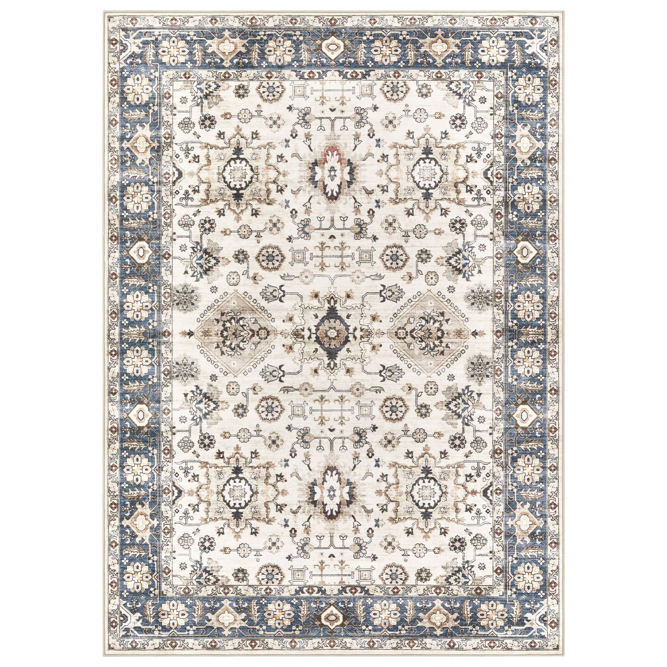 Uermei 10'x14' Large Area Rugs for Living Room: Non-Slip Indoor Carpet, Large Washable Vintage Foldable Rug for Bedroom Dining Room Office - Beige Blue
