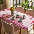 thumbnail image 3 of Valentine's Day Table Cloths for 6 Foot Rectangle Tables, Gnomes Love Roses Romantic Pink Plaid Patio Waterproof Elastic Fitted Tablecloths, Washable Rectangular Table Cover for Camping, 3 of 8
