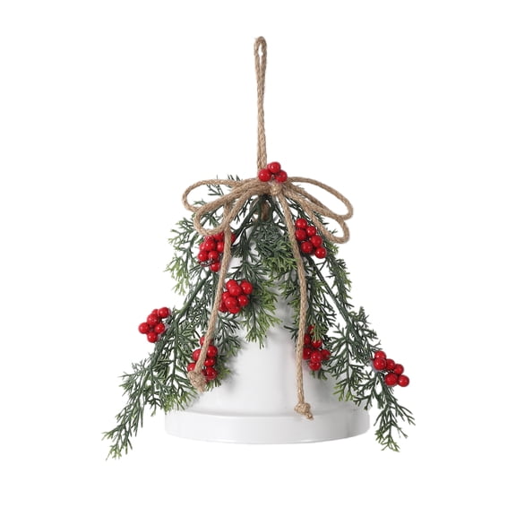 Senfot White Metal Christmas Bell Hanging Ornament with Red Berries for Xmas Tree Front Door Wall Indoor Home Festive Decor