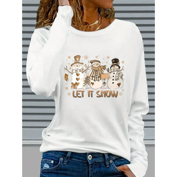 Festive Women's Christmas Snowman Graphic Long Sleeve T-Shirt • Cozy Crew Neck with "Let It Snow" Design • Holiday Print for Fall & Winter • Casual Holiday Wear |   Festive Graphic Tee