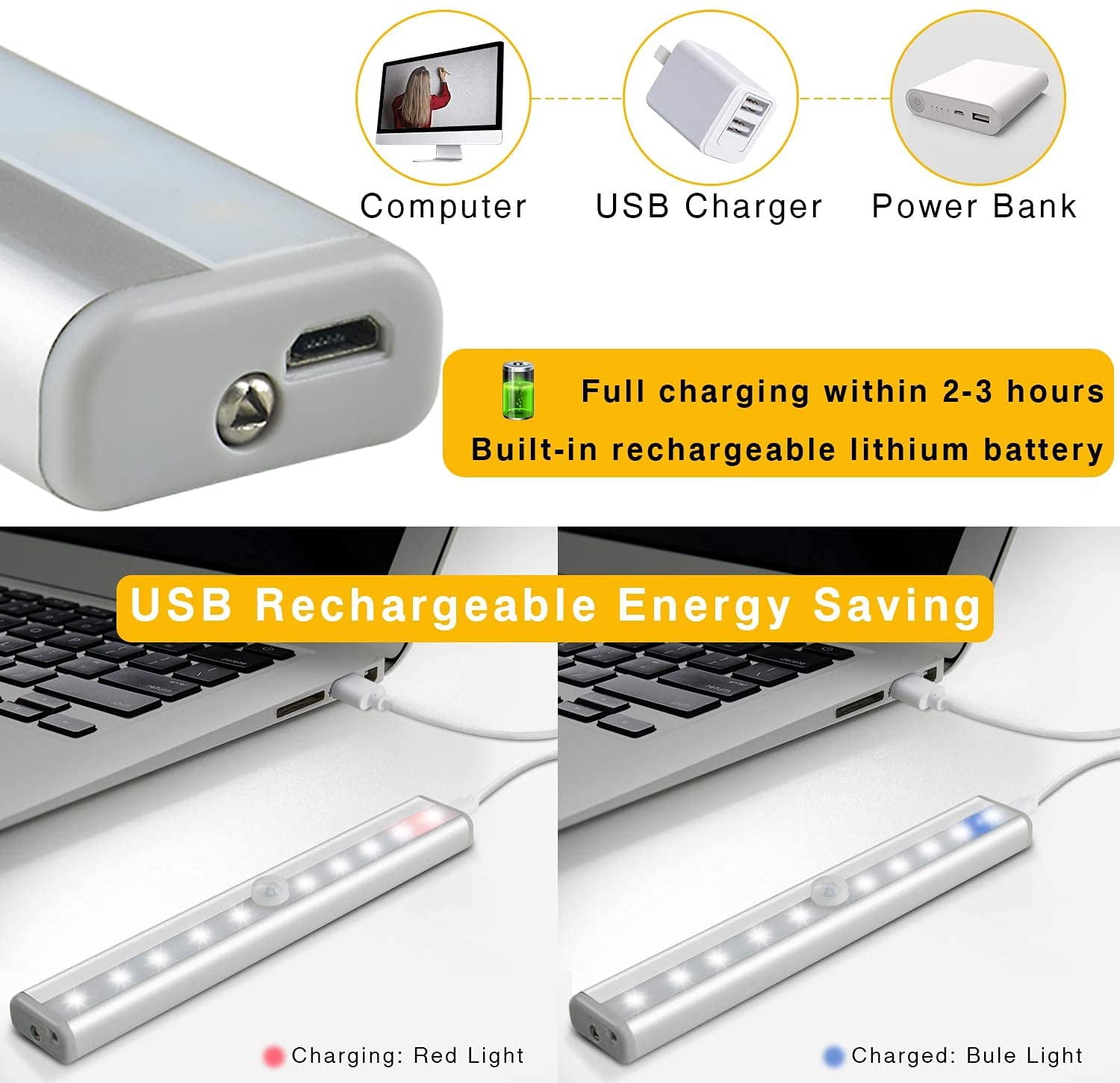 Remote Control Under Cabinet Lighting Wireless, 20-LED Dimmable Closet Lights Rechargeable Under Counter Light, Stick on Touch Night Light Strip Bar for Kitchen Stairway Bedroom, 3 Colors