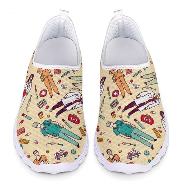 Zapatos de mujer Doginthehole, diseño de hospital, corazón, dentista, zapatillas planas para mujer, zapatos de enfermería ligeros sin cordones para caminar