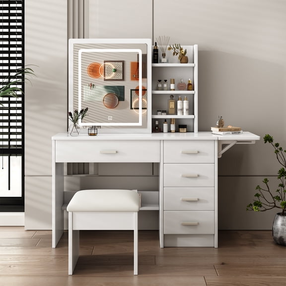 Mintazer Makeup Vanity Dressing Set with 5 Drawers & Extendable Side Shel and Stool, Lighted Vanity Desk with LED Mirror & Glass Door for Bedroom, White