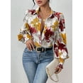 thumbnail image 2 of Women'S Floral Dressy Casual V Neck Button Down Shirts Lantern Long Sleeve Boho Chiffon Fall Tops Red & Yellow S, 2 of 7