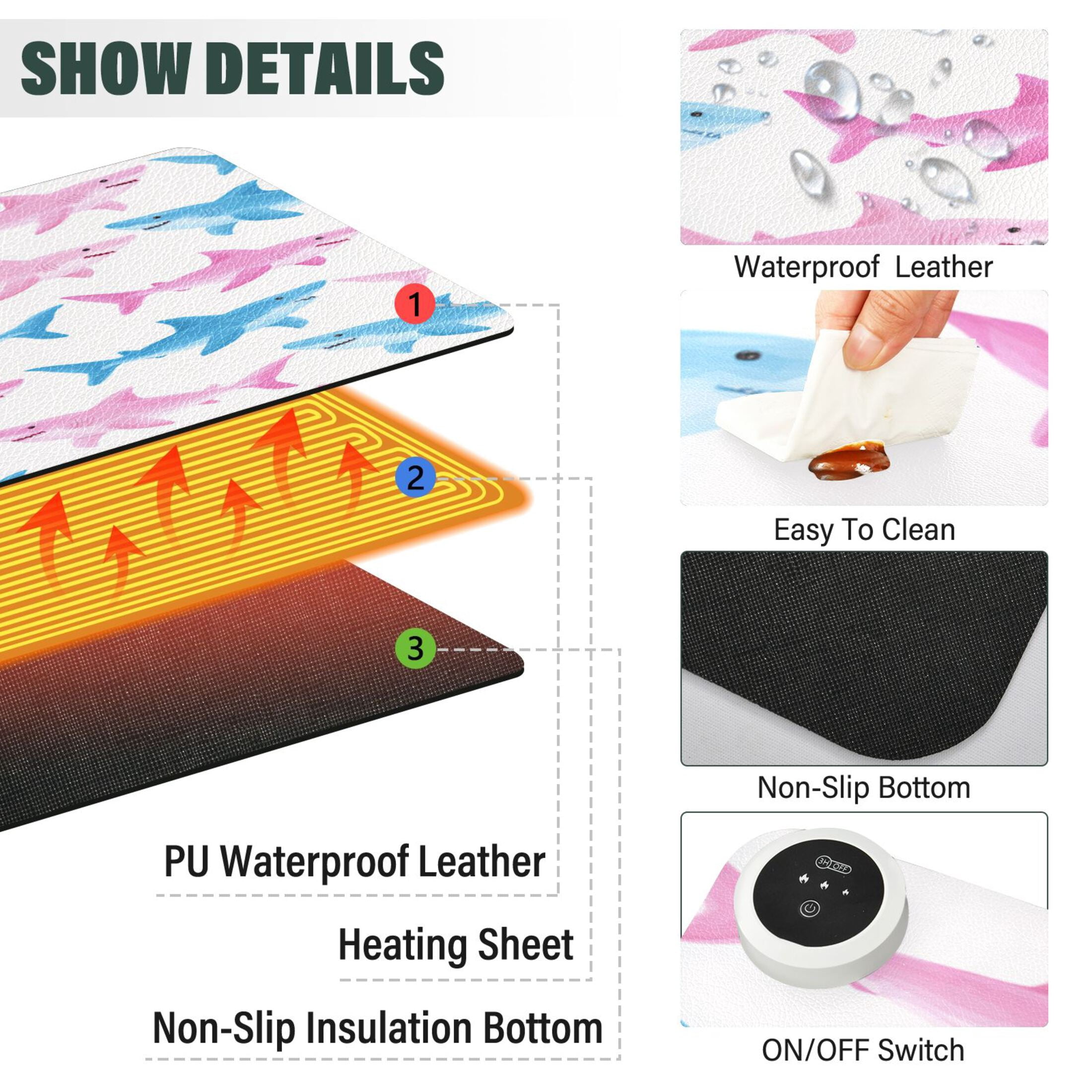 Large Heated Desk Mat Mouse Pad 31.5"x13"PU Leather Graphene Heating Desk Warmer with 3 Temperature Settings 110V US Plug Non-Slip Warm Pad for Home, Office, and Gaming Shark Ocean Wall Art