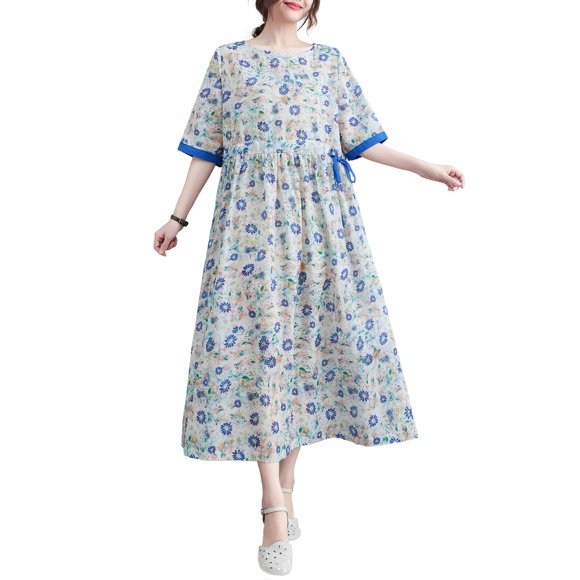 Women Loose Dress with Pockets Floral Half Sleeves Drawstring Waist Holiday Dress