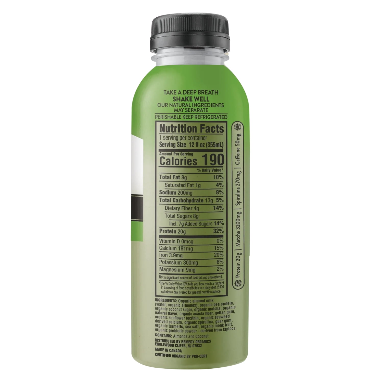 Remedy Organics Plant Based Matcha Fuel Nutritional Instant General Wellness Shake, 12 fl oz