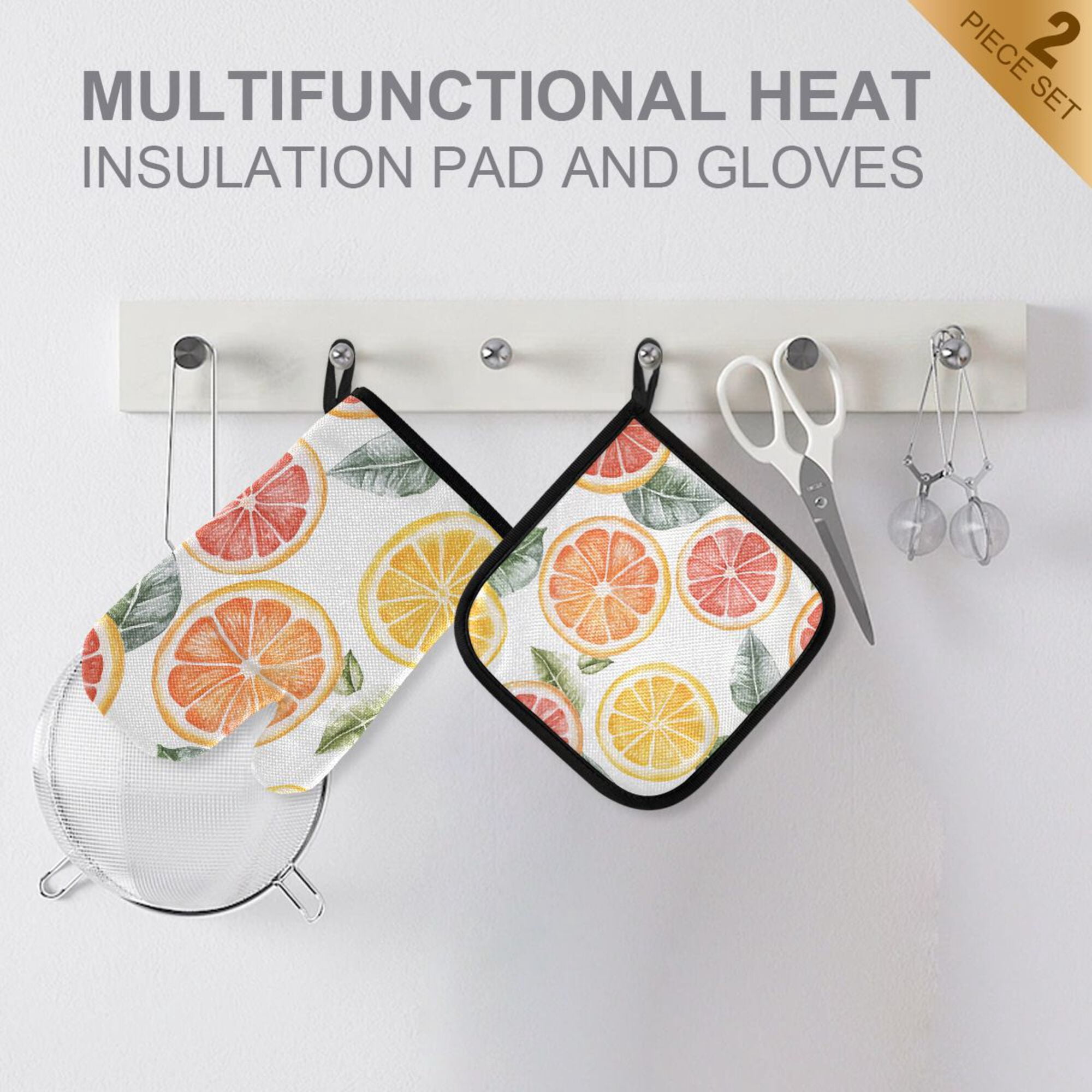 Yayeee Oven Mitts and Pot Holder Set of 4 Heat Resistant Kitchen Gloves Baking Hot Pad, Candy Grapefruit Slices