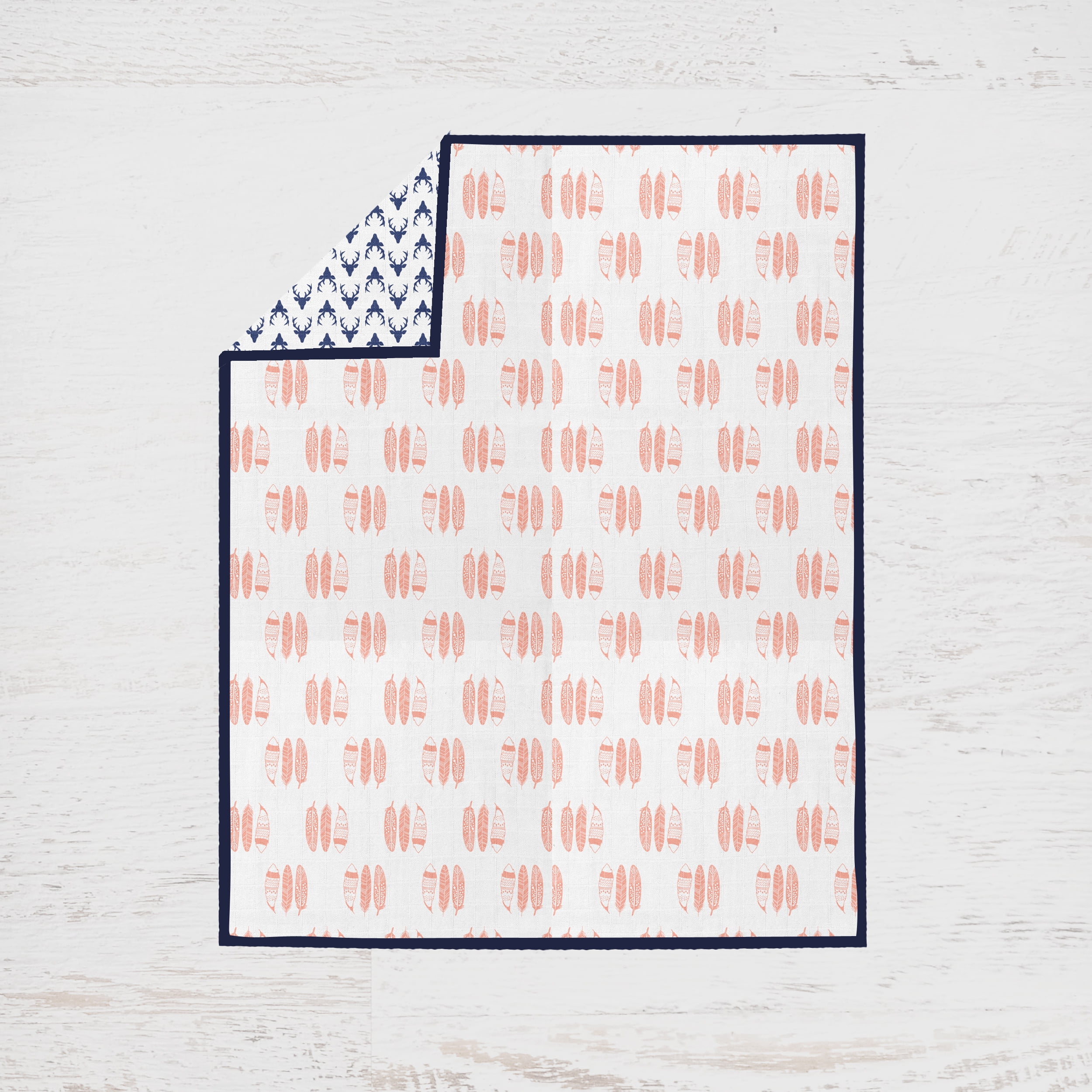 Bacati - Tribal Coral/Navy Feathers/Buck/Triangles Muslin Girls Crib Bedding Set