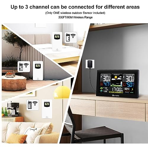 Wireless Weather Station with Outfdoor Sensor 8.8'' LCD Digital Thermometer Hygrometer,WWVB Radio Alarm Clock,Barometer,Weather Forecast,City Sunrise Sunset Time,Calender,Moon Phase