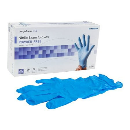 

McKesson Confiderm 3.8 Exam Glove X-Large NonSterile Nitrile Standard Cuff Length Textured Fingertips Blue 14-690 - Case of 1000
