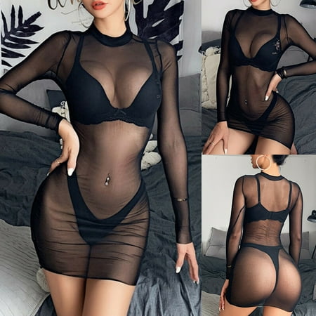 

yotyukeb Sleepwear For Womens Pajamas For Women Sheer Mesh See-Through Long Sleeve Crop Tops Casual Clubwear Mini Dress