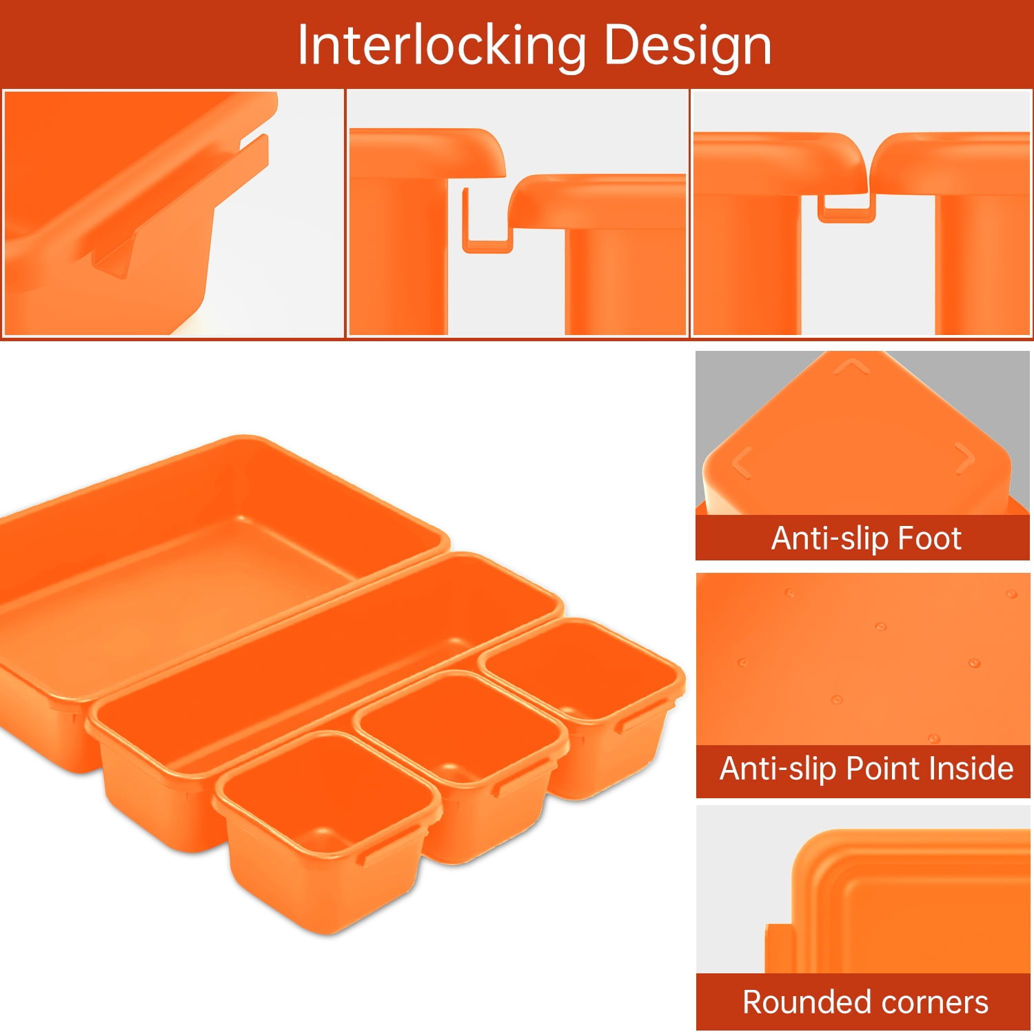 HAIDAIYA 45 Pack Drawer Organizer Trays Set, 3 Sizes Plastic Divider Storage Bins for Desk, Makeup, Tool Box, Jewelry (Orange)