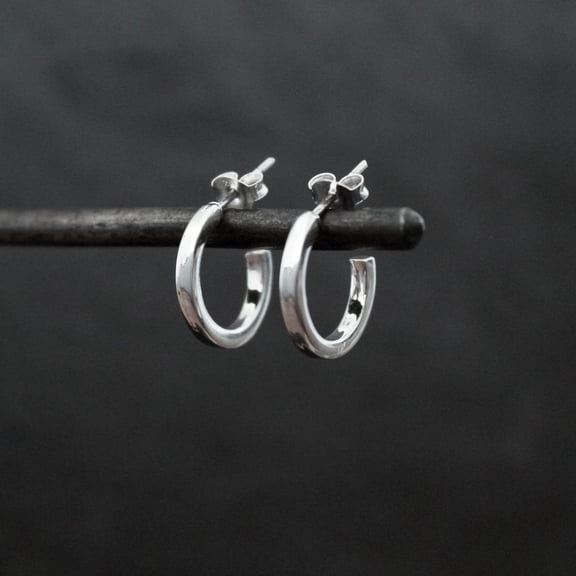 silver square hoop earrings, Geometric Minimalist Hoops with Polished Finish