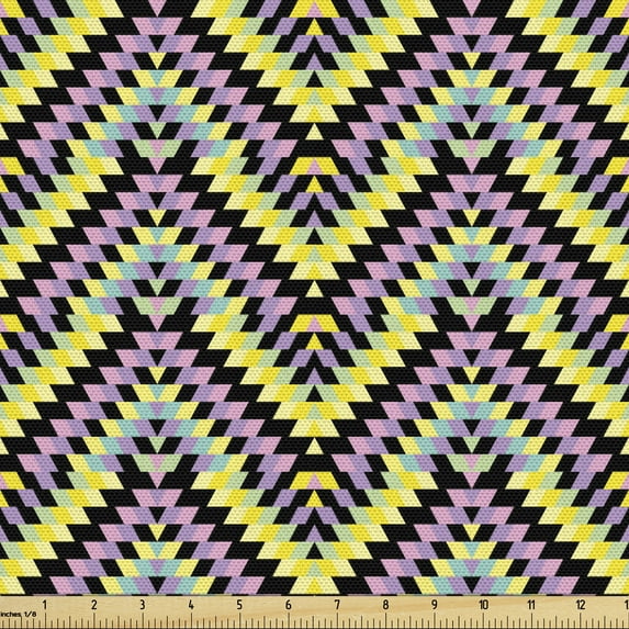 Abstract Sofa Upholstery Fabric by the Yard, Oriental Art of Diamond Shaped Motifs Forming Colorful Zigzags, Decorative Fabric for DIY and Home Accents, Pastel Yellow Multicolor by Ambesonne