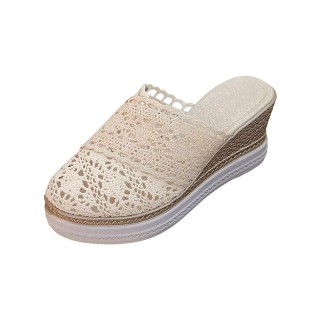 Wdhugt Sandales à Plateforme Décontractées pour Femmes à Bout Ouvert Talon Compensé Confortables Chaussures de Plage Élastiques Bout Rond Beige Extérieur Intérieur Taille Us 7
