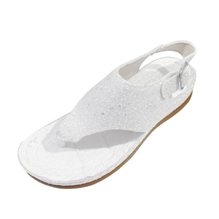 

PEASKJP Sandals Women Wide Feet Womens Summer Beach Rhinestone Flat Dress Sandals Comfortable Gladiator Bohemia Slip On Flat Sandals Shoes (White 8.5)