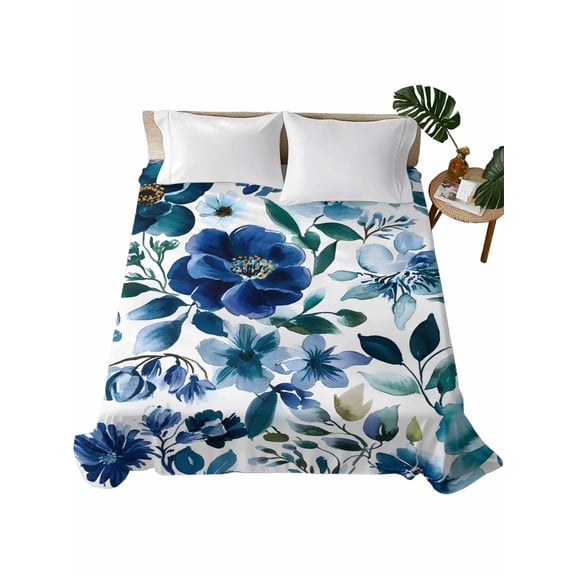 Full Flat Sheet 81"x96", Abstract Floral Soft Lightweight Bedding Flat Sheets Only, Blue Flowers Retro Country Watercolor Brushed Microfiber Top Bed Sheet, Breathable StainResistant Bedsheets