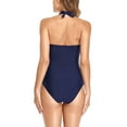 thumbnail image 3 of Traje de baño de una pieza azul oscuro para mujer con escote en V profundo, fruncido, con efecto push-up y escote halter., 3 of 7