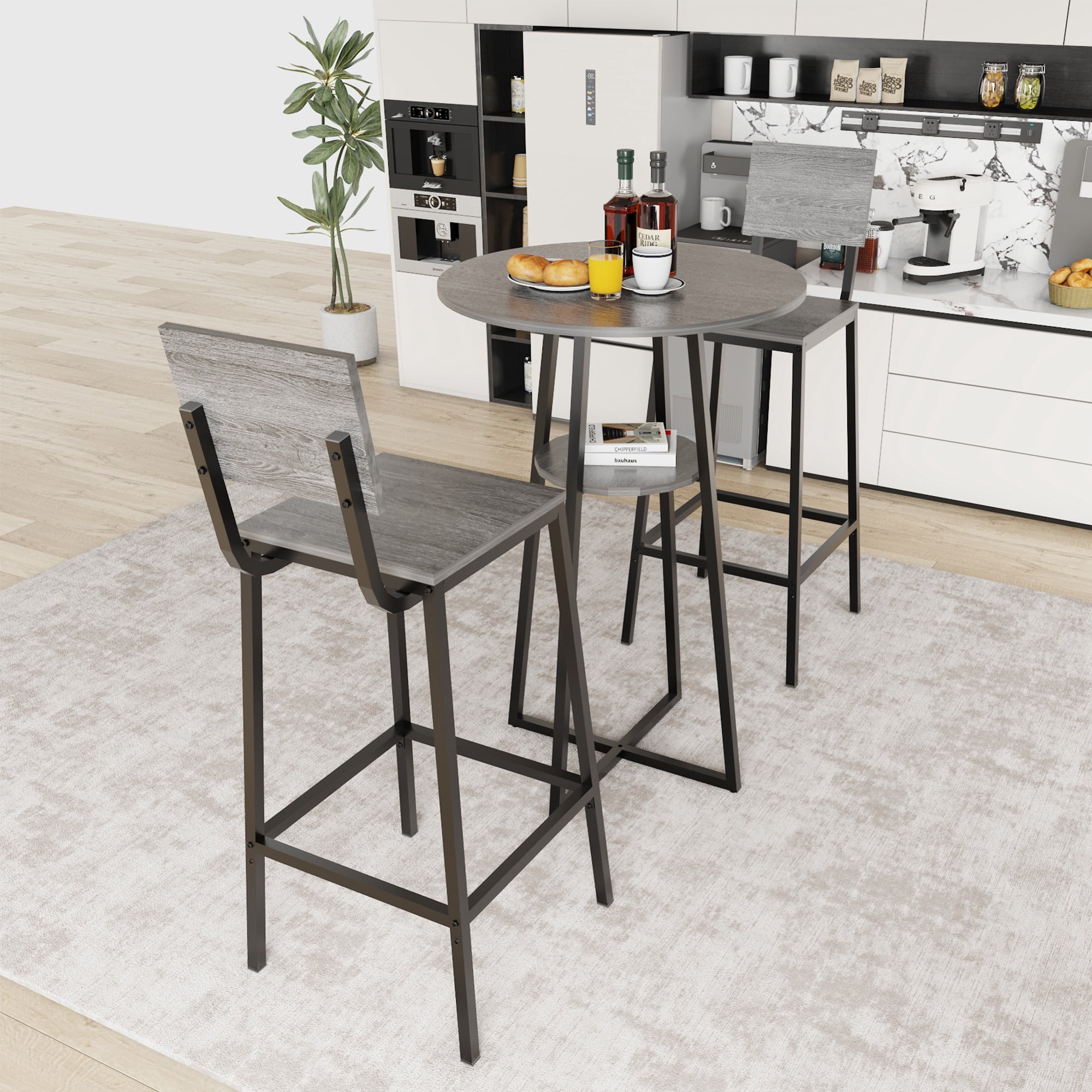 HOQBN 3 Piece Bar Table Set,Round Pub Height Bistro Table with 2 Bar Stools and Storage Shelf, Industrial Counter Height Dining Set for Kitchen, Apartment, Balcony & Cafe,Charcoal grey