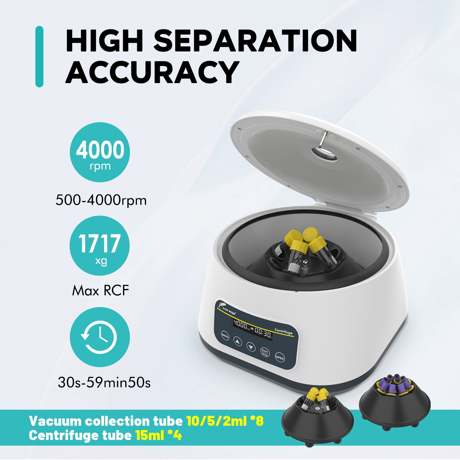 LAB FISH LC-400 Low Speed Benchtop Centrifuge Machine, 4000 RPM Max, 1717 xg, Timer 30s-59min, for PRP/PRF/Plasma, Holds 4x15ml or 8x2/5/10ml Test Tubes, Compact for Lab Use