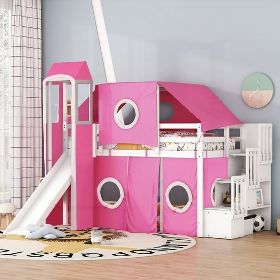 Twin Size Loft Bed with Tent & Tower - Fun Playhouse Inspired in Pink