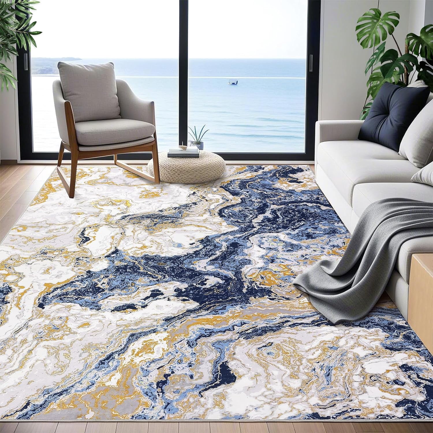 Homhougo 5x7 Washable Abstract Marble Area Rug, Soft Modern Non-Slip Luxury Carpet for Living Room, Bedroom, High Traffic Kitchen Entryway, Blue