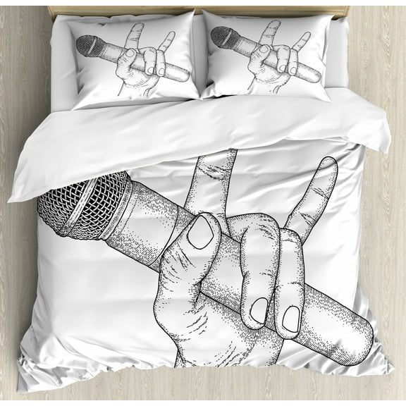 Popstar Party Duvet Cover Set Queen Size, Hand Drawn High Sign for Rock Music Lovers and Microphone Sketch Art, Decorative 3 Piece Bedding Set with 2 Pillow Shams, Black and White, by Ambesonne