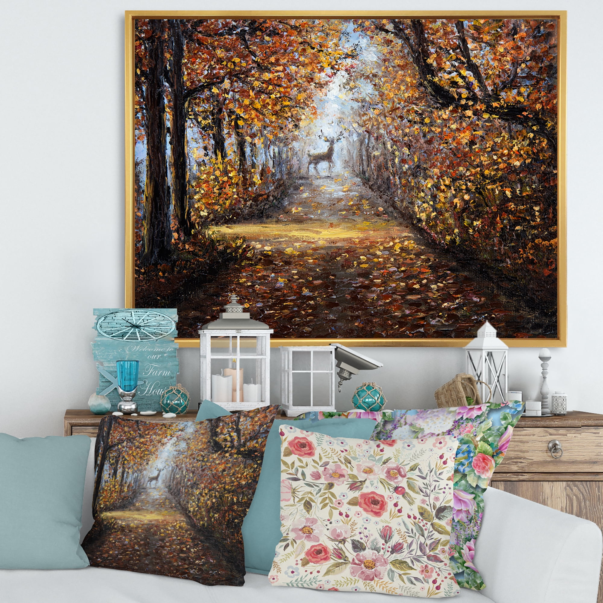 Designart 'Deer In The Autumn Park' Lake House Framed Canvas Wall Art Print