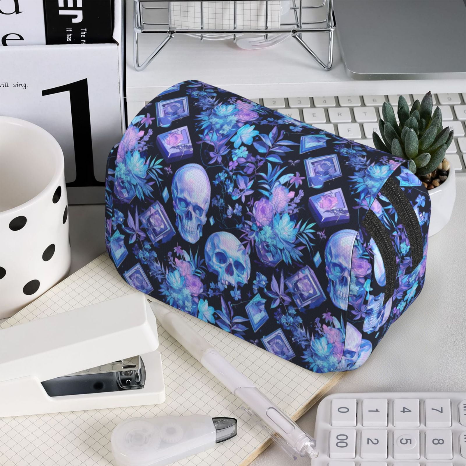 Rateoe Skull blue crystal flower Pattern Double Clamshell Pen Case, Storage Organizer with Two Zipper Compartments– Holds Up to 50 Pencils & Pens
