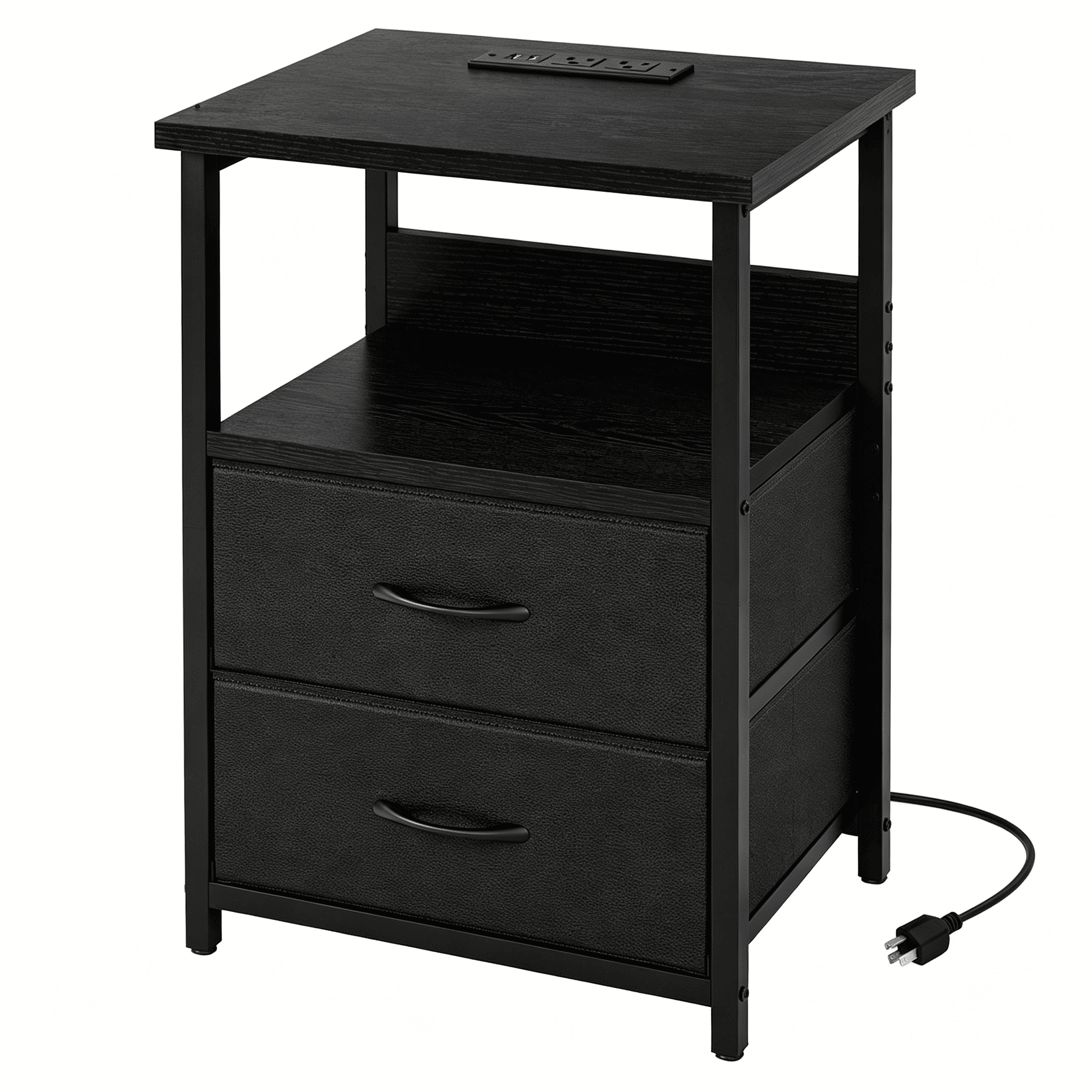 RGB LED Nightstand with Charging Station, 2 Fabric Drawers and Open Shelf, Particle Board and Steel Frame Bedside End Table for Bedroom