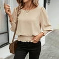 thumbnail image 6 of Uootdi Elastic Cinched Waist Tops for Women 3/4 Length Puff Sleeve Smocked Tops Banded Bottom Dressy Business Casual Outfits, 6 of 7