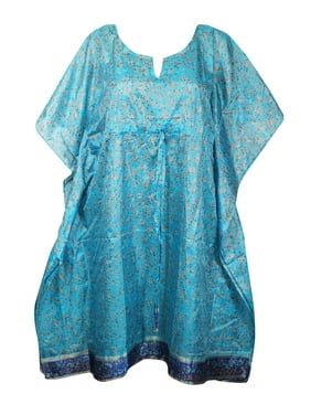 Mogul Women Light Blue Caftan Tunic Dress Recycled Silk Sari Printed Resort Wear Beach Cover Up Housedress Holiday Kaftan One Size