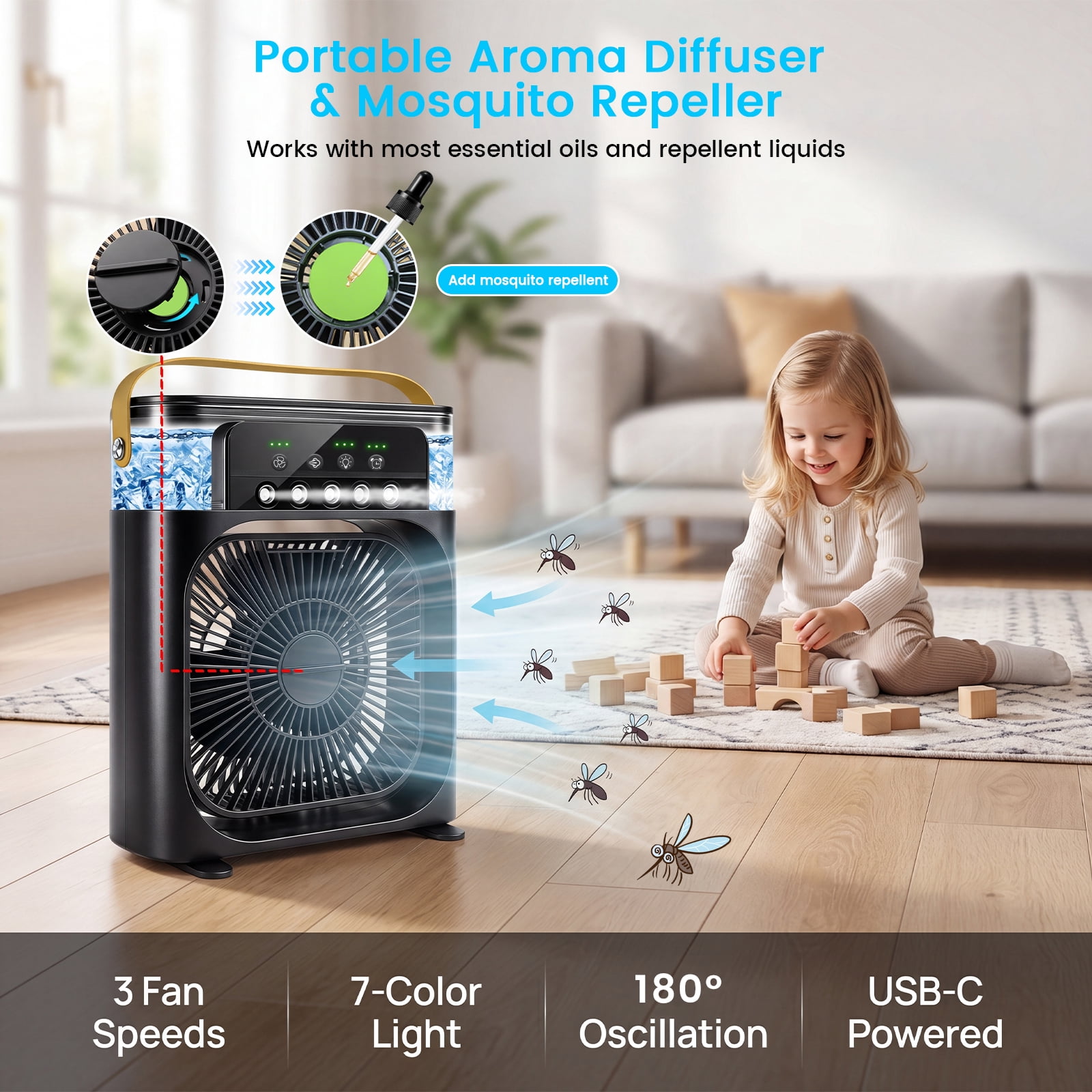 HEEYCEM 10 Inch Ice Mist Desktop Fan, Humidifying Cooling Fan Compatible with Essential Oil, Mosquito Repellent Liquid and Ice Cubes, 3 Speed Adjustable, 180° Adjustable Angle, Detachable Easy Clean