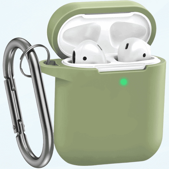 AirPods Case Cover, Full Protective Silicone Skin Dust-Proof Designed for Apple AirPods 1st 2nd Generation with Keychain, Front LED Visible, Army Green