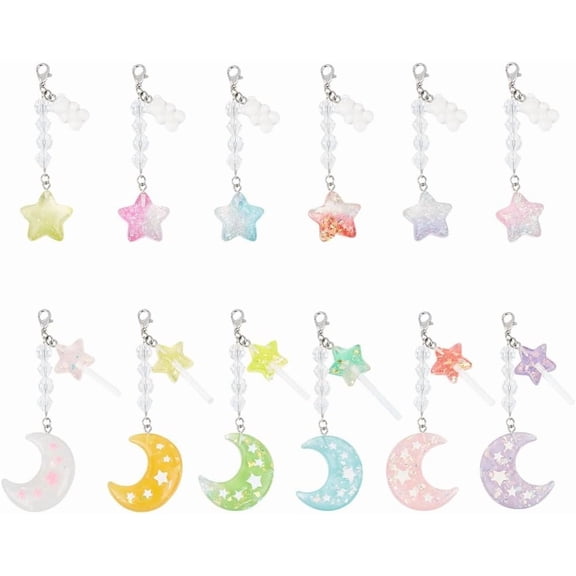 12 Pcs Clip on Charms Star Moon Zipper Pull Charm Resin Plastic Keychain Purse Bag Charm with Lobster Clasp Crochet Stitch Markers for Sewing Quilting Jewelry Making Mixed Color