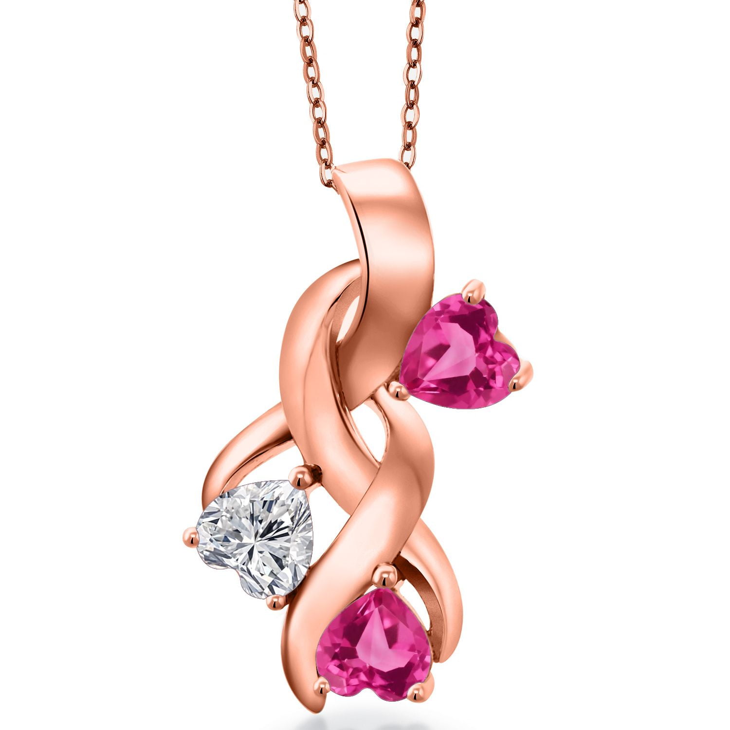 Gem Stone King 18K Rose Gold Plated Silver Lab Grown Diamond and Pink Created Sapphire Pendant Necklace for Women | 1.64 Cttw | Gemstone April Birthstone | Heart Shape 5MM | With 18 inch Chain