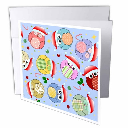 Cartoon Christmas Card Ideas 3dRose Cute Colorful Cartoon Owls with Christmas decorations and red santa hats - kawaii birds on baby Blue, Greeting Cards, 6 x 6 inches, set of 6 ()