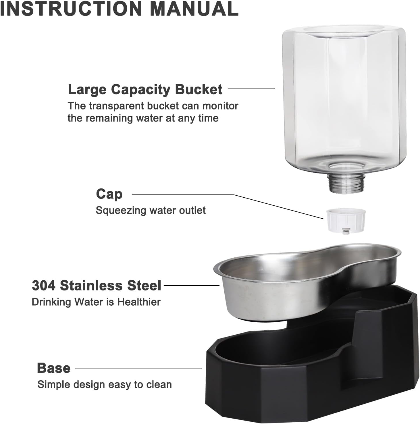 Dog Water Bowl Dispenser: 6L Large White Gravity Stainless Steel Bowl - Without Filter - Pet Feeder for Pets Indoor/Outdoor Use by Owners