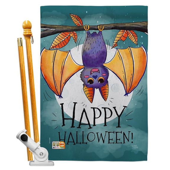 Breeze Decor BD-HO-HS-112076-IP-BO-D-US18-BD 28 x 40 in. Happy Halloween Bat Fall Impressions Decorative Vertical Double Sided House Flag Set with Pole Bracket & Hardware