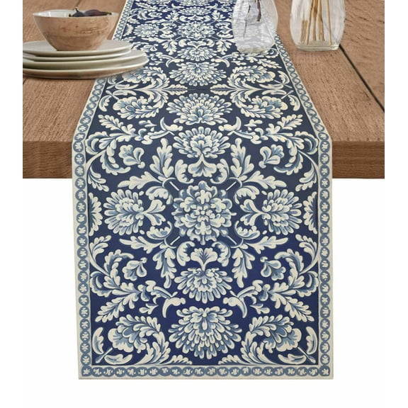 Blue Boho Flower Table Runner Cotton Linen 108 Inch Holiday Dresser Scarves, Country Vintage Tribal Ethnic Motifs Tablerunner for Kitchen Coffee Dining Bedroom Dinner Scarf Décor 13''x108''