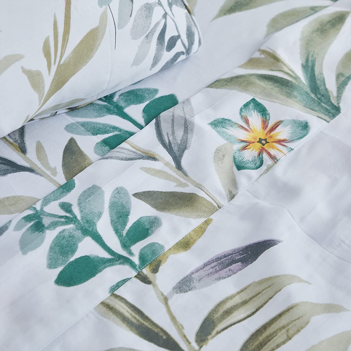 FADFAY Sheets Set King Floral Sheets 100% Cotton Elegant Farmhouse Bedding Mint Green Leaves and White Flower Printed Bed Sheet Soft Botanical Lily Pa