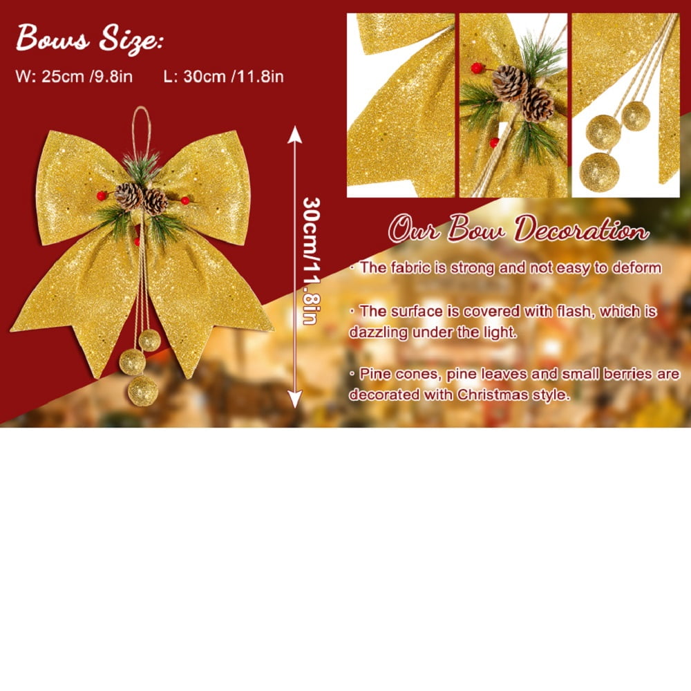 4pcs Christmas Decorative Bow Christmas Tree Glitter Bow Xmas Bows Ornament with Pinecone Red Bows for Wreath Garland Treetopper Christmas Party Gifts Home Indoor Decor 9.8 x 11.8in