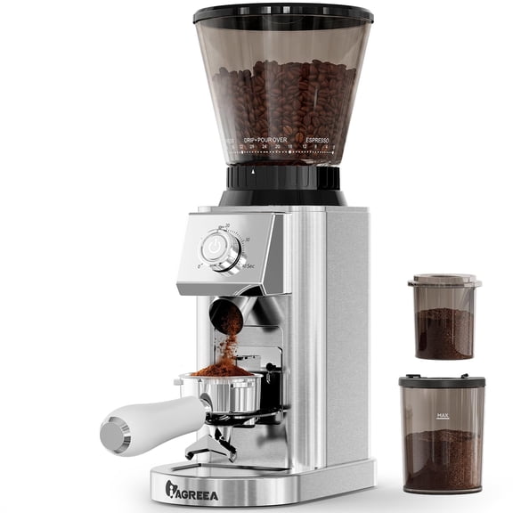 IAGREEA Conical Burr Coffee Grinder, 48 Grind Settings, Time‑Precise, Anti-Static Stainless Steel with Portafilter Holder for Espresso, Cold Brew